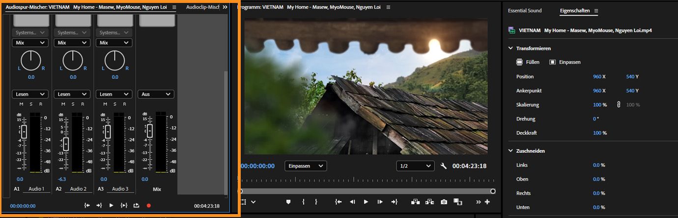 Bedienfeld „Audiospur-Mischer“ mit hervorgehobenen Lautstärkereglern und Panoramareglern über mehrere Audiospuren hinweg, einschließlich einer primären Mix-Spur.