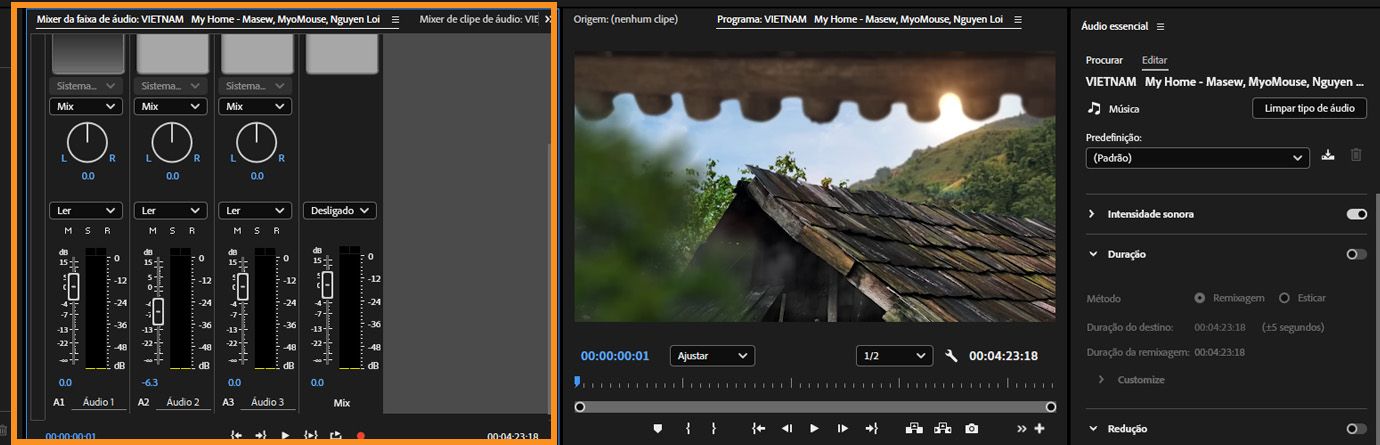 Painel Mixer de faixa de áudio com controles deslizantes de volume e botões de panorâmica destacados em várias faixas de áudio, incluindo uma faixa de mixagem principal.