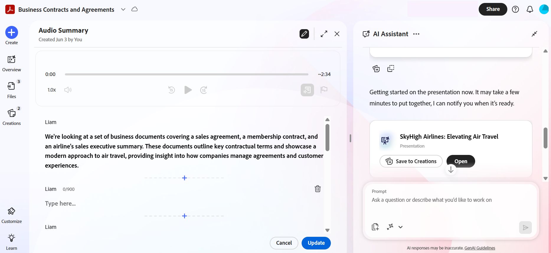 Audio overview na nagpapakita ng generated transcript na may mga timestamp at AI Assistant panel na nagbubuod ng mga trend sa industriya ng wellness.