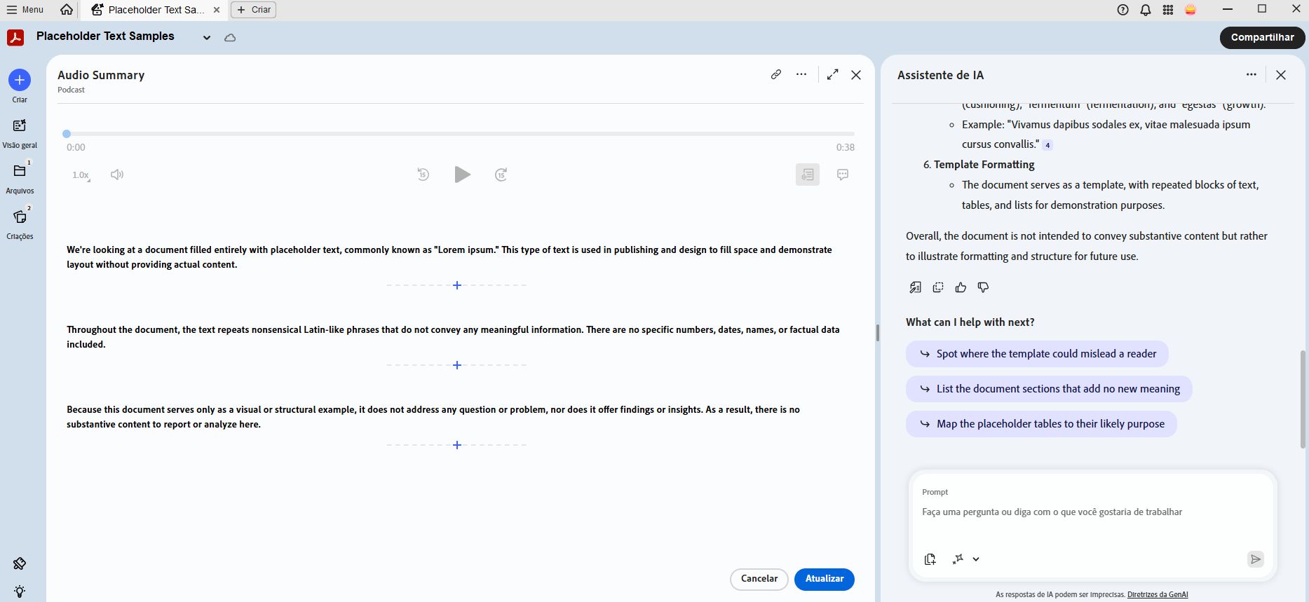 Visão geral de áudio mostrando uma transcrição gerada com carimbos de data e hora e um painel do Assistente de IA resumindo tendências do setor de bem-estar.