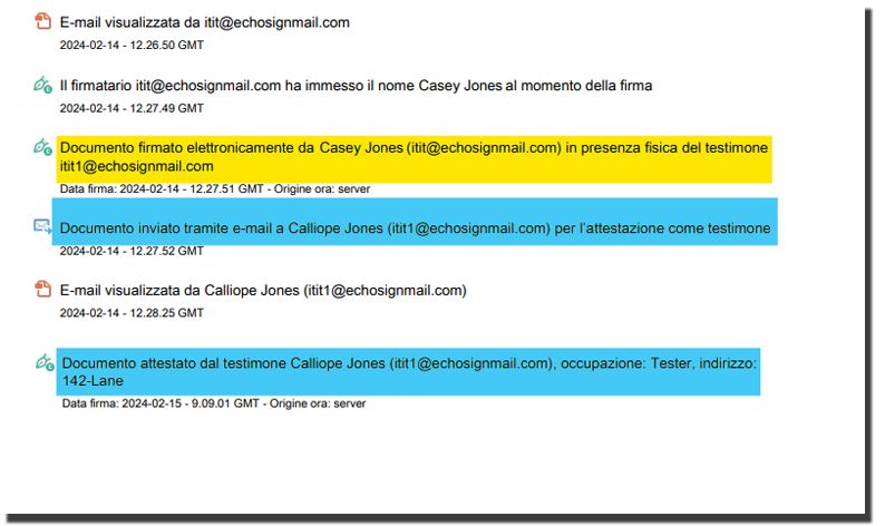 Report di audit che evidenzia che il firmatario richiede un testimone e le attività del testimone, inclusi la sua occupazione e il suo indirizzo.