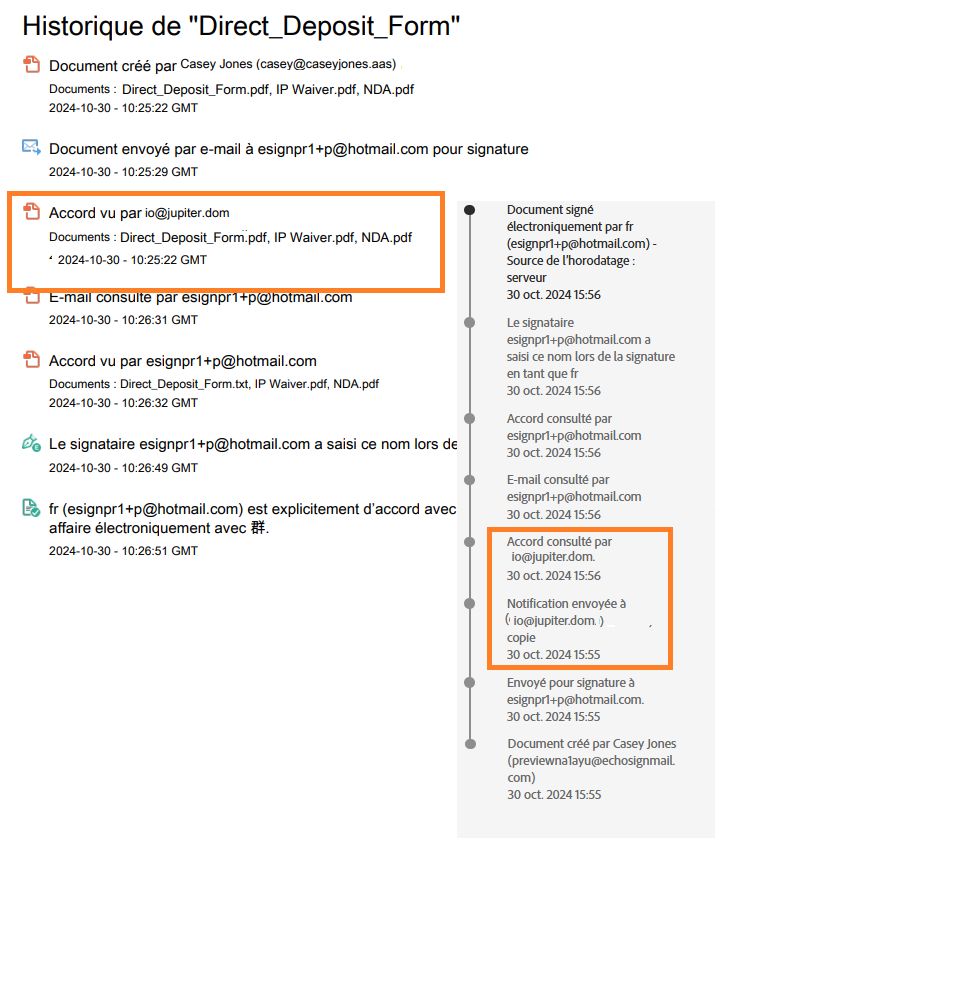 Rapport d’audit et journal d’activité avec les notifications de la partie en copie mises en évidence.