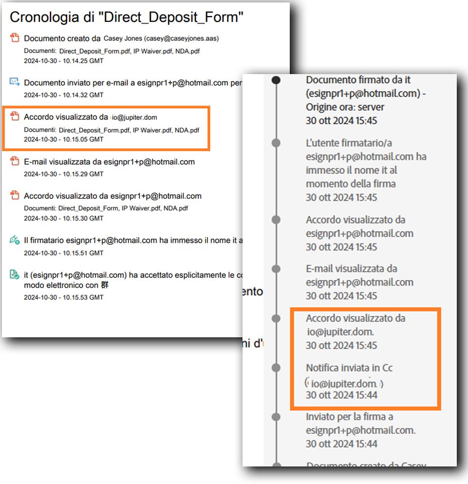 Report di audit e registro attività che evidenziano le notifiche delle parti in Cc.