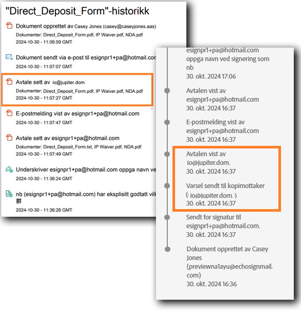 Revisjonsrapporten og aktivitetsloggen som fremhever kopimottakervarsler.