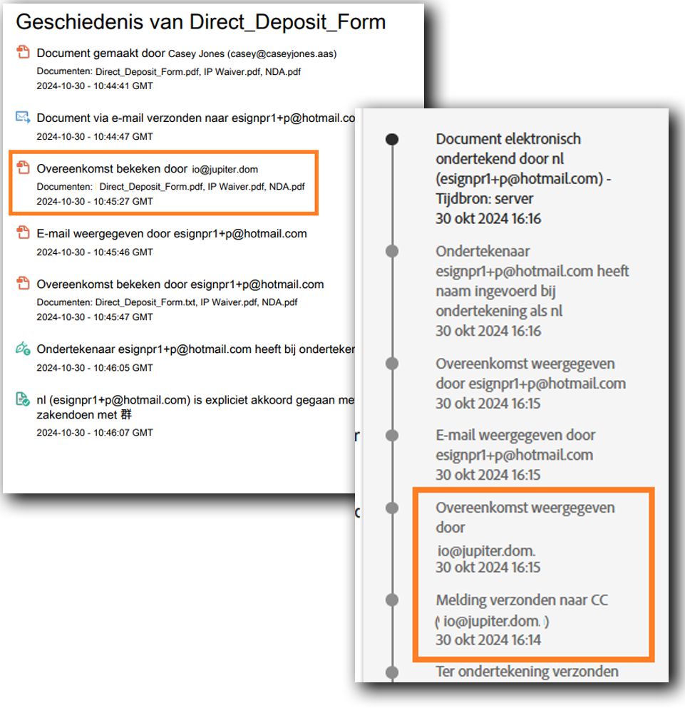 Het controlerapport en het activiteitenlogboek waarin de meldingen van de CC-partijen worden gemarkeerd.