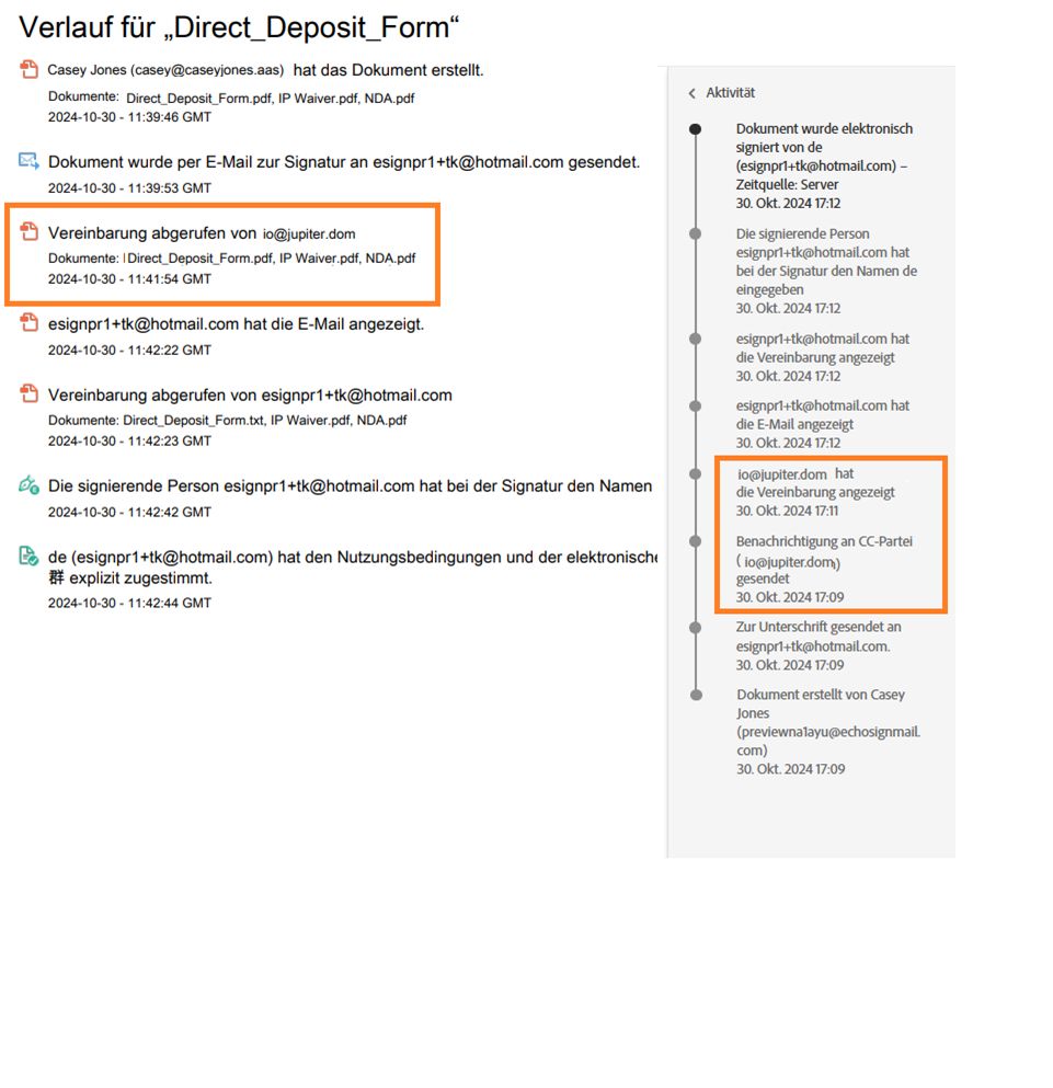 Audit-Bericht und Aktivitätsprotokoll, in denen die Benachrichtigungen für die CC-Partei hervorgehoben sind.