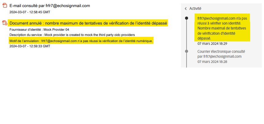 Rapport d’audit et journal d’activité pour un événement de vérification d’identité ayant échoué