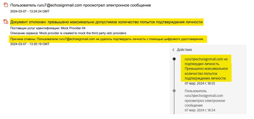 Отчет об аудите и журнал действий для неудачного события проверки личности.