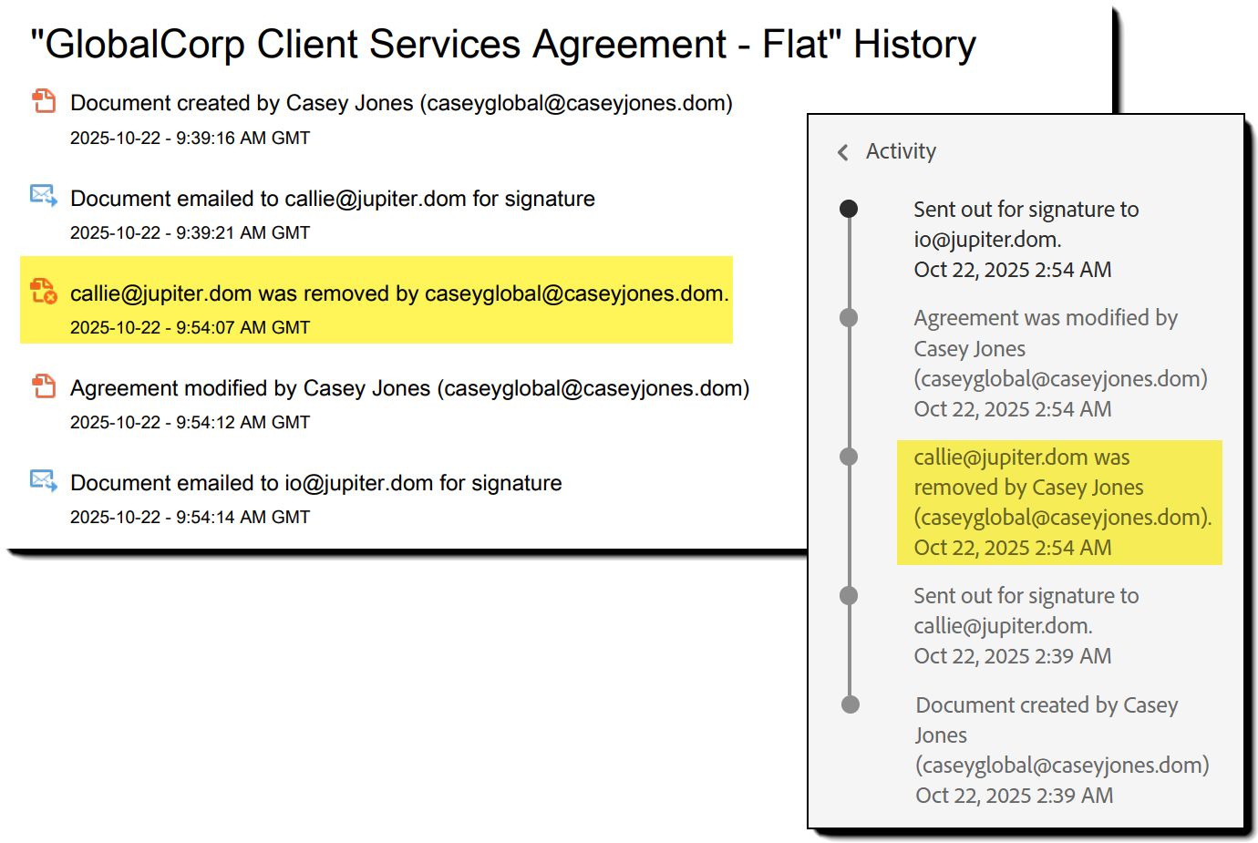 Alıcı kaldırma olayının vurgulandığı Etkinlik listesi ve Denetim Raporu.
