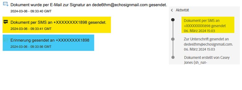 Audit-Bericht mit hervorgehobener Aufzeichnung, dass die Links per SMS gesendet werden