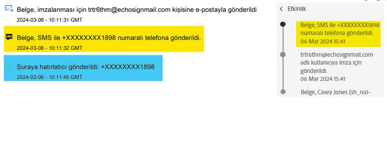 Gönderilen SMS bağlantısının kaydını vurgulayan Denetim Raporu