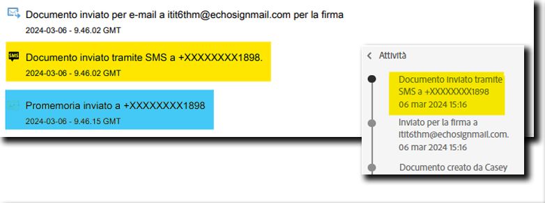 Report di audit che evidenzia il record del collegamento SMS inviato