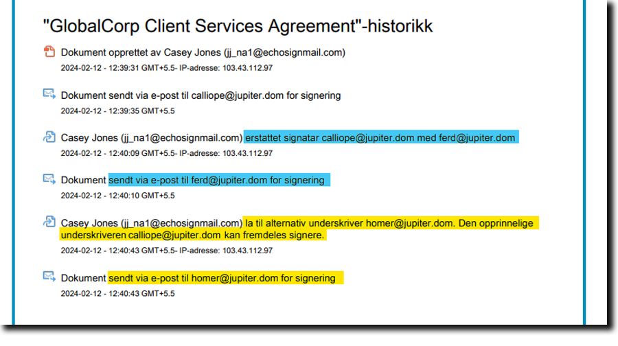 Revisjonsrapporten fremhever den erstattede mottakeren og en alternativ mottaker som er lagt til.