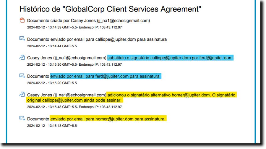 O relatório de auditoria realçando o recipient substituído e um recipient alternativo adicionado.