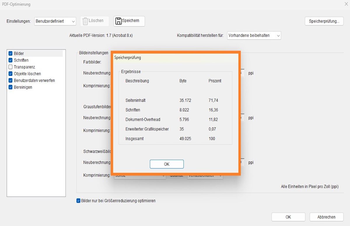 Das Dialogfeld „Speicherplatznutzung prüfen&quot; hebt den prozentualen Anteil und die Bytegröße von Elementen wie Bildern, Schriftarten und Formularen in einer PDF-Datei hervor.