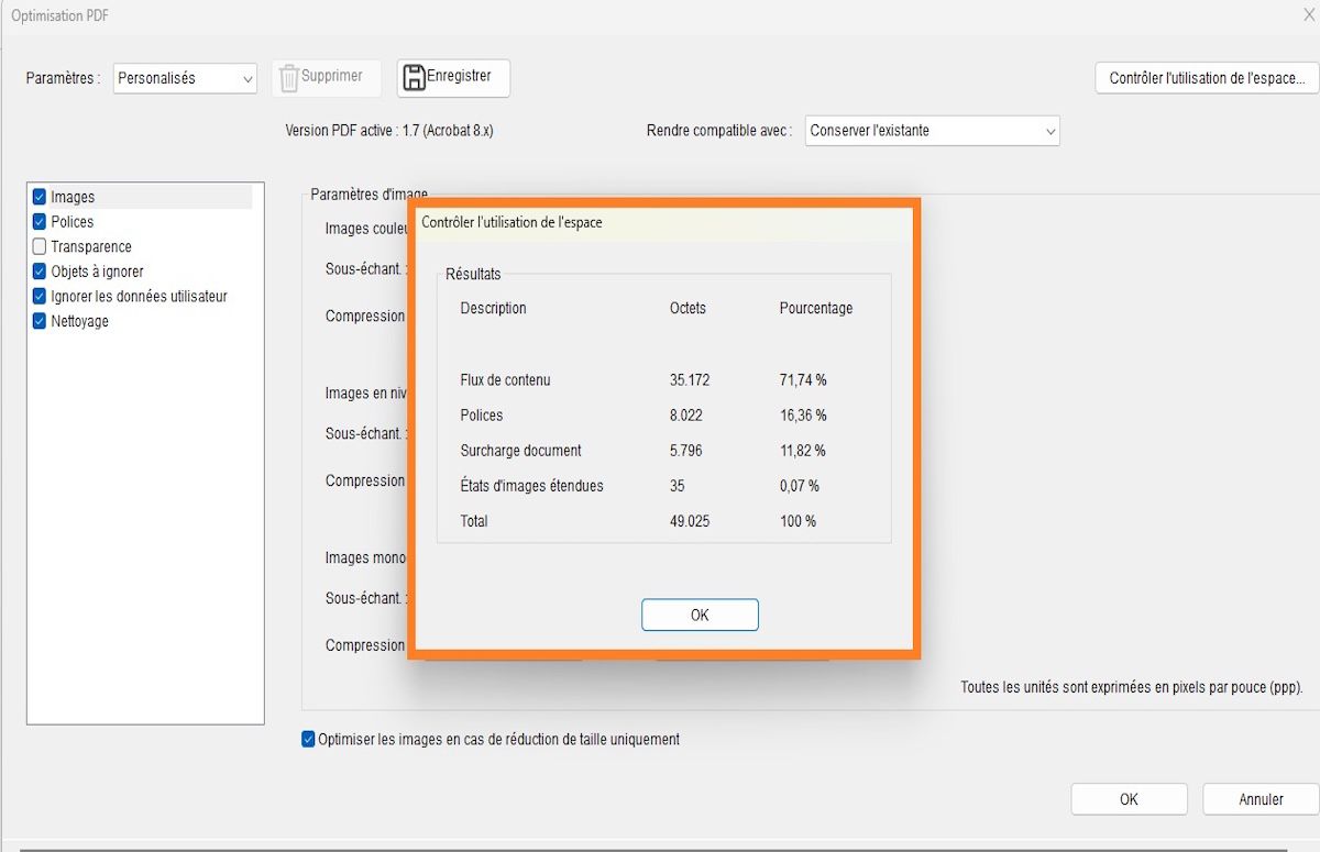 La boîte de dialogue Contrôler l’utilisation de l’espace met en évidence le pourcentage et la taille en octets d’éléments tels que les images, les polices et les formulaires dans un fichier PDF.