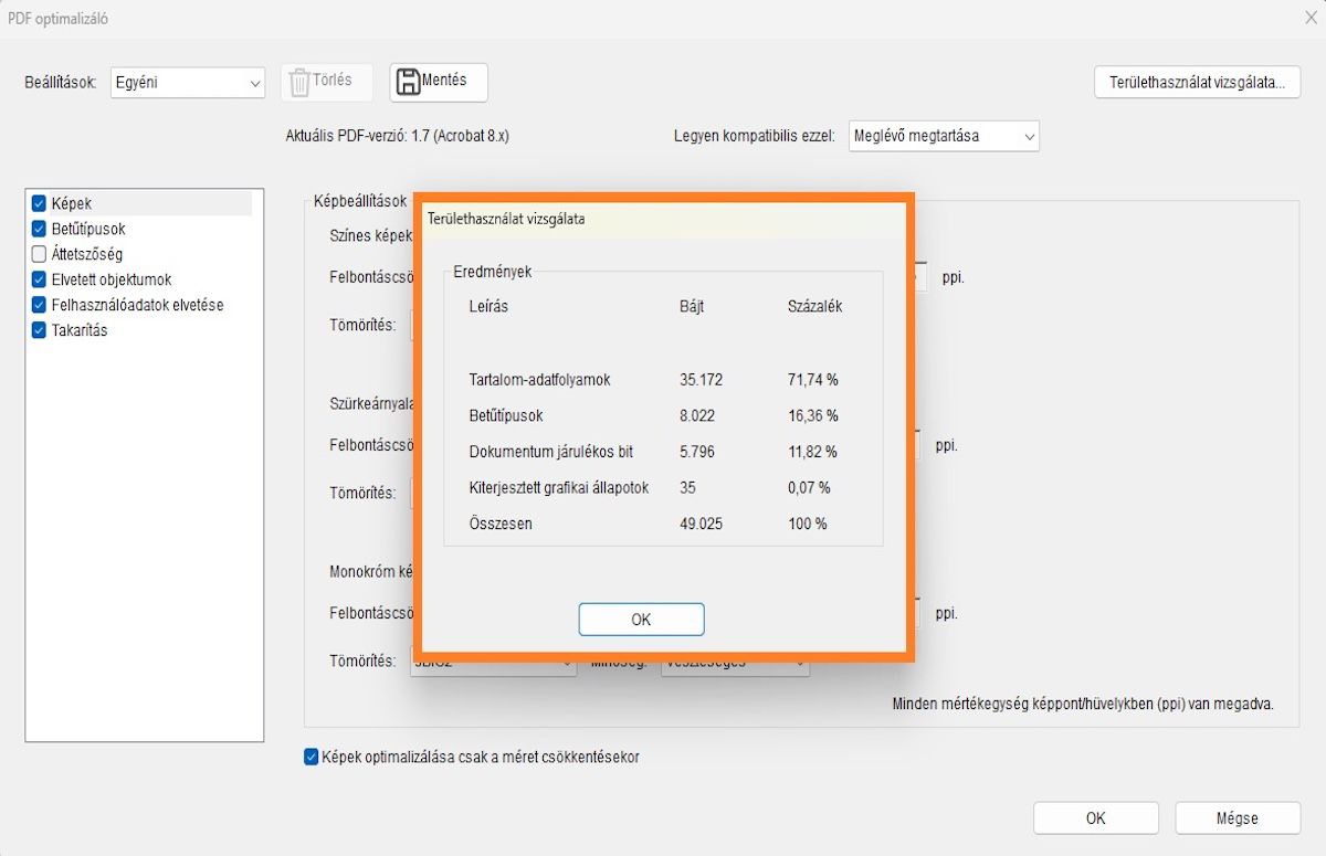 A Területhasználat vizsgálata párbeszédpanel kiemeli a képek, betűtípusok és űrlapok százalékos arányát és bájtméretét egy PDF fájlban.