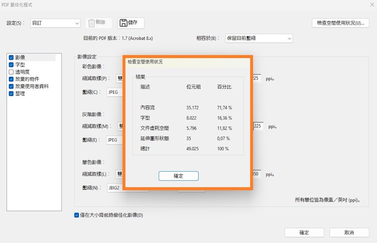 「稽核空間使用狀況」對話框會將 PDF 檔案中的影像、字型和表格等元素的百分比和位元組大小醒目顯示。