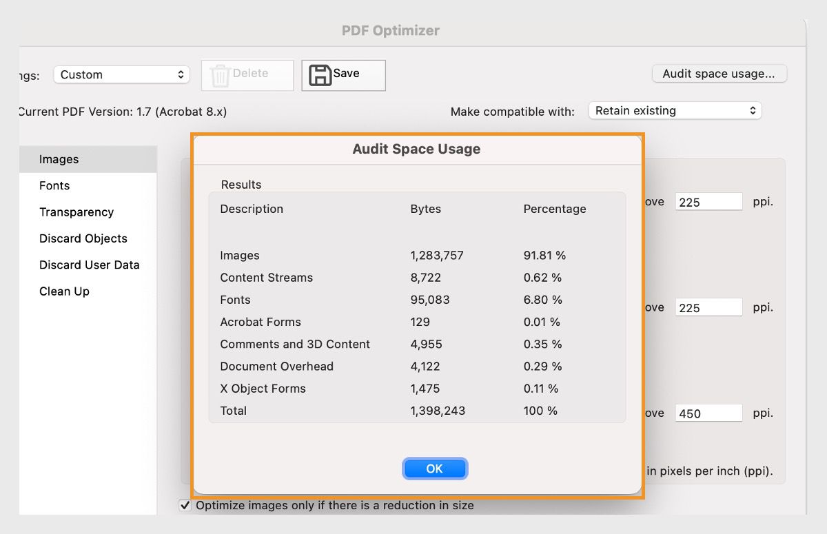 Hina-highlight ng Audit Space Usage dialog box ang porsyento at laki ng byte ng mga elementong tulad ng mga larawan, mga font, at mga form sa isang PDF file.