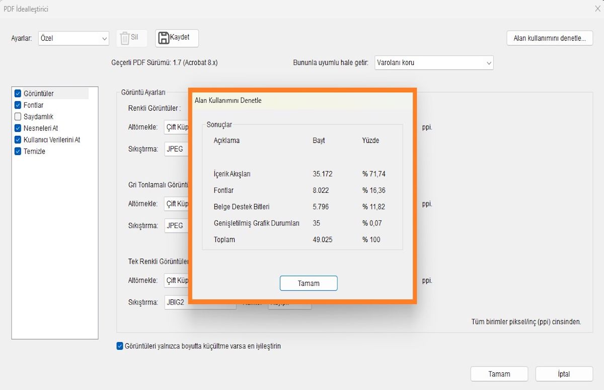 Alan Kullanımını Denetle iletişim kutusu, bir PDF dosyasındaki görüntüler, fontlar ve formlar gibi öğelerin yüzdesini ve bayt boyutunu vurgular.