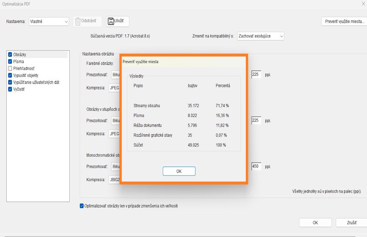 Dialógové okno Kontrola využitia priestoru zvýrazňuje percentuálny podiel a veľkosť v bajtoch prvkov ako sú obrázky, písma a formuláre v súbore PDF.