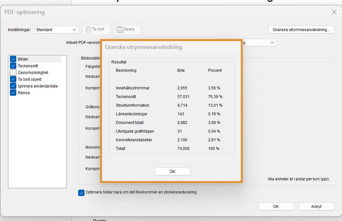 I dialogrutan Granska utrymmesanvändning visas procentandelen och bytestorleken för element som bilder, typsnitt och formulär i en PDF-fil.