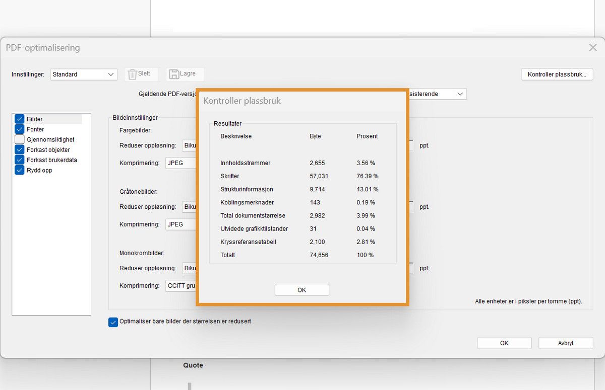 Dialogboksen for revidering av plassbruk fremhever prosentandelen og bytestørrelsen til elementer som bilder, skrifttyper og skjemaer i en PDF-fil.
