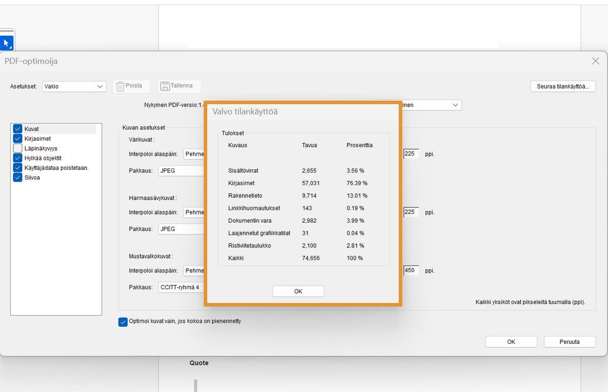 Tilan käytön tarkistus -valintaikkuna korostaa elementtien, kuten kuvien, fonttien ja lomakkeiden, prosenttiosuuden ja tavukoon PDF-tiedostossa.