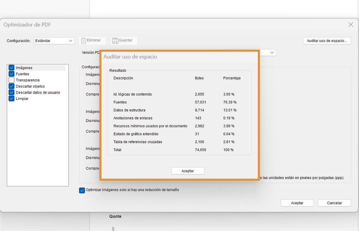 El cuadro de diálogo Auditar uso de espacio resalta el porcentaje y el tamaño en bytes de elementos como imágenes, fuentes y formularios en un archivo PDF.
