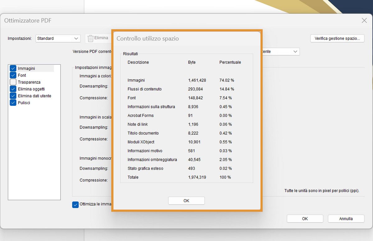La finestra di dialogo Controllo utilizzo spazio evidenzia la percentuale e le dimensioni in byte degli elementi come immagini, font e moduli in un file PDF.