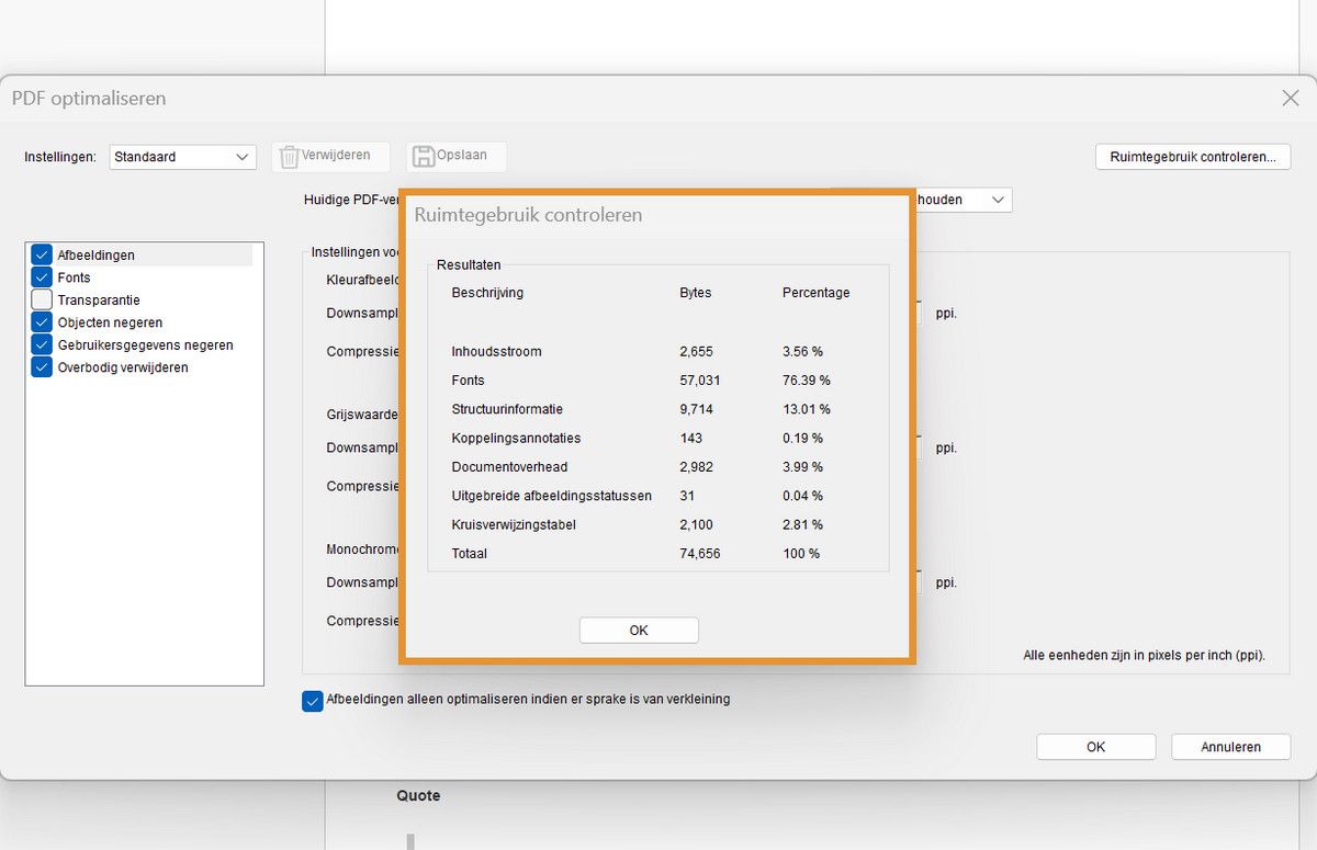 Het dialoogvenster Ruimtegebruik controleren toont het percentage en de bytegrootte van elementen zoals afbeeldingen, lettertypen en formulieren in een PDF-bestand.