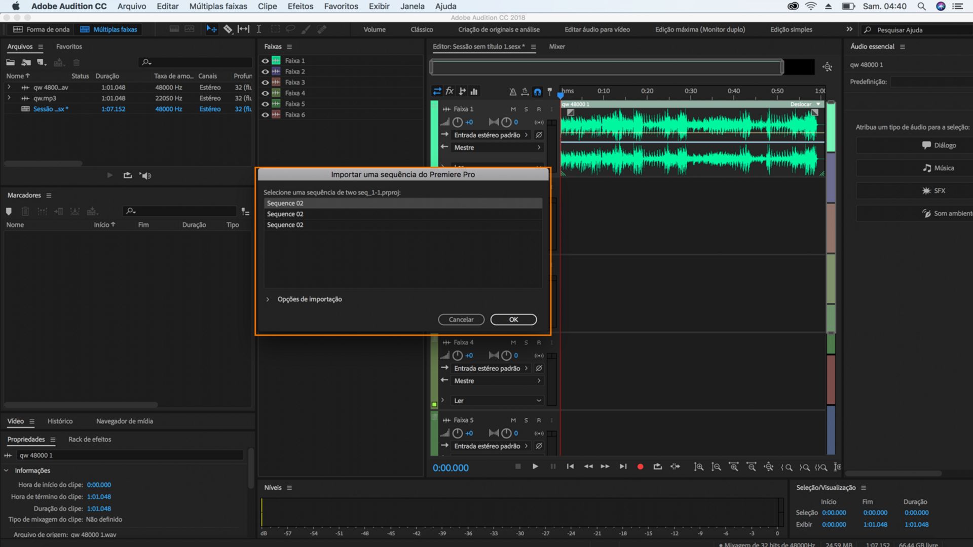 Importação da sequência do Adobe Premiere Pro