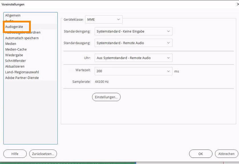 Voreinstellungen für die Audio-Hardware