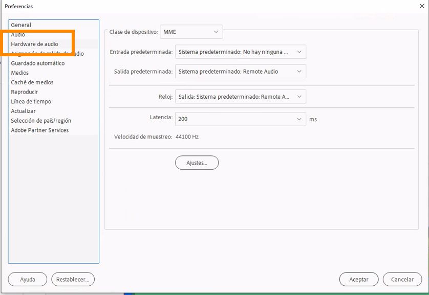 Preferencias de hardware de audio