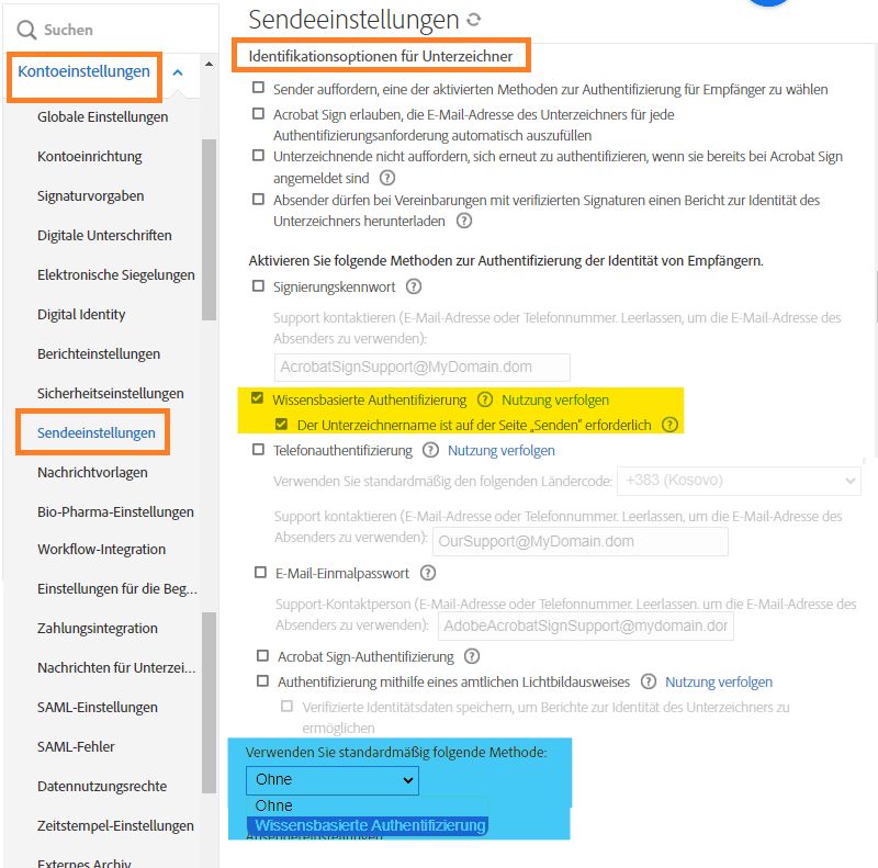 Seite „Sendeeinstellungen“ mit hervorgehobenen Optionen für die Identitätsauthentifizierung mittels KBA