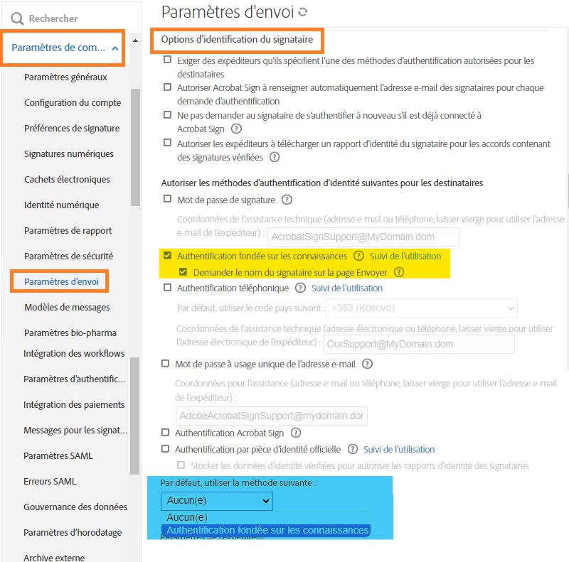 Page Paramètres d’envoi avec mise en surbrillance des commandes d’authentification de l’identité KBA