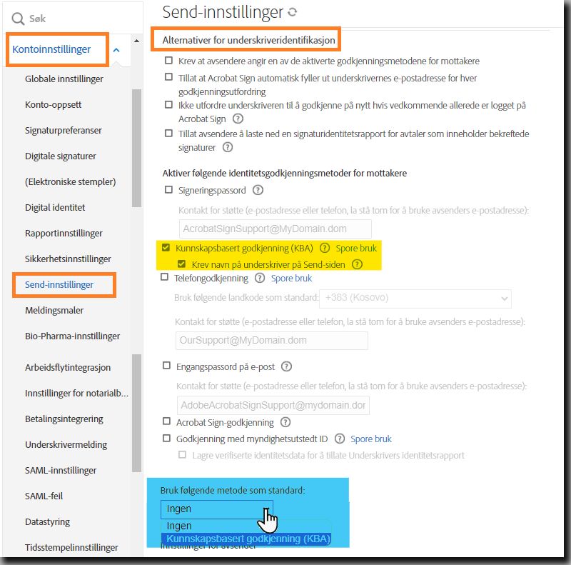 Send-innstillinger med KBA-identitetsgodkjenningskontrollene uthevet