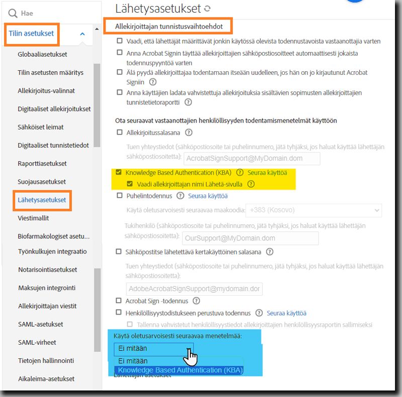 Lähetysasetukset-sivu, jossa KBA-todennuksen asetukset korostettuina