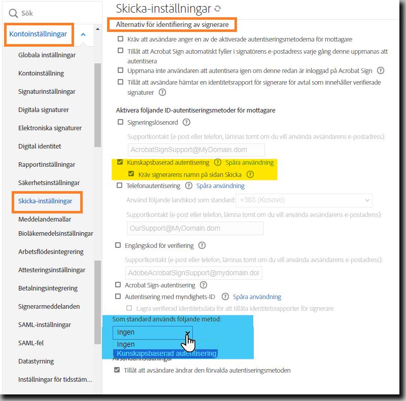 Sidan Skicka-inställningar som visar 8KBA-identitetsautentiseringskontrollerna