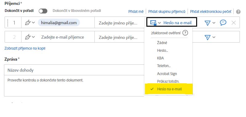 Vyberte metodu jednorázového hesla na e-mail