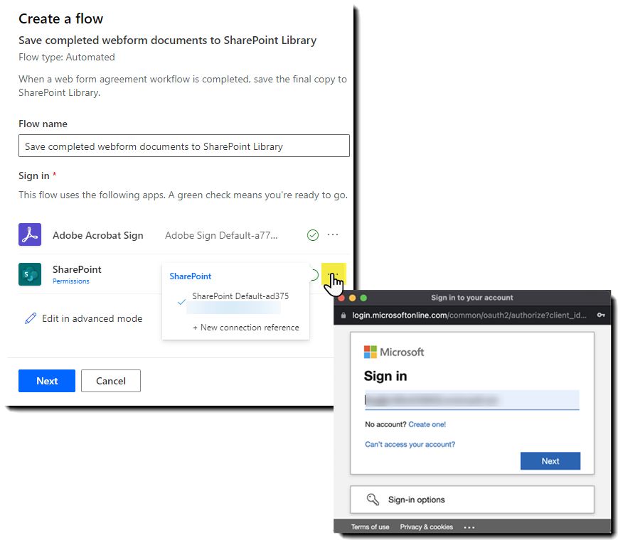 Power Automate tra Acrobat Sign e SharePoint con il pannello di autenticazione esposto