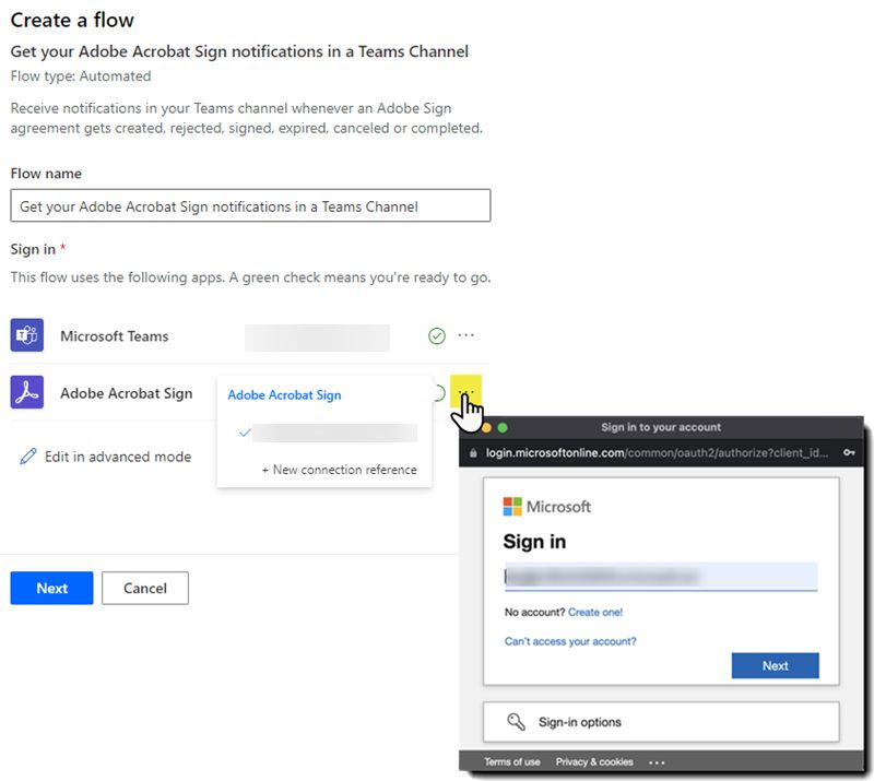 Power Automate между Acrobat Sign и Teams с отображающейся панелью аутентификации