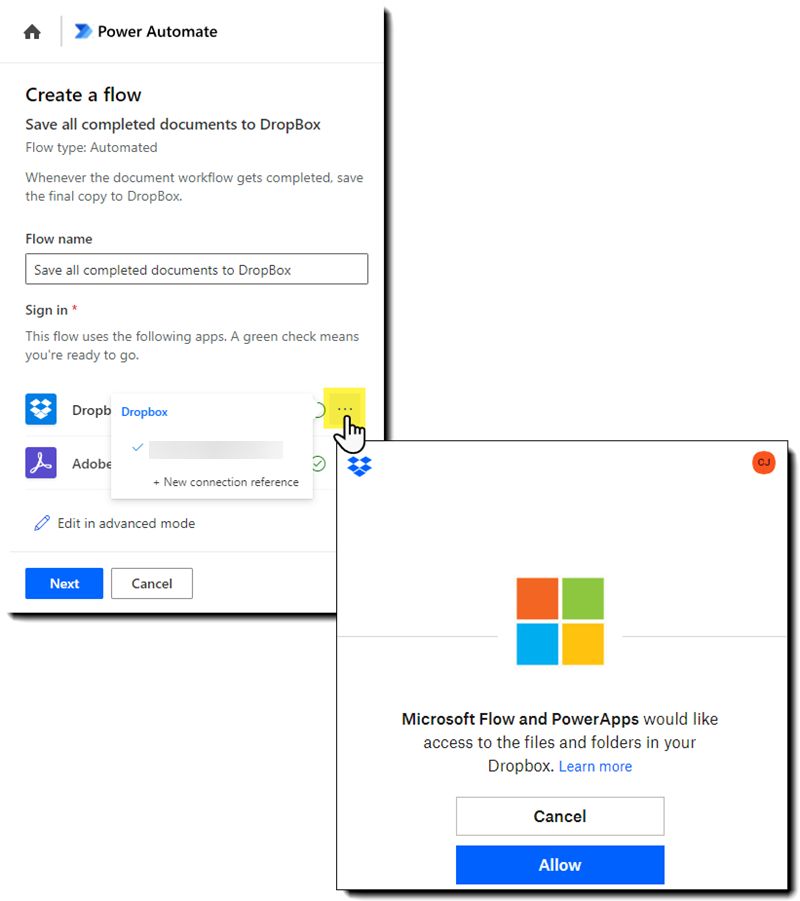 Power Automate entre Acrobat Sign y Box con el panel de autenticación al descubierto