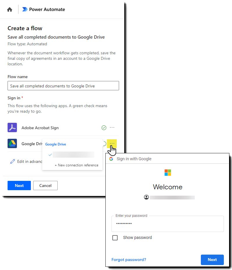 De Power Automate tussen Acrobat Sign en Google Drive met het verificatiedeelvenster weergegeven