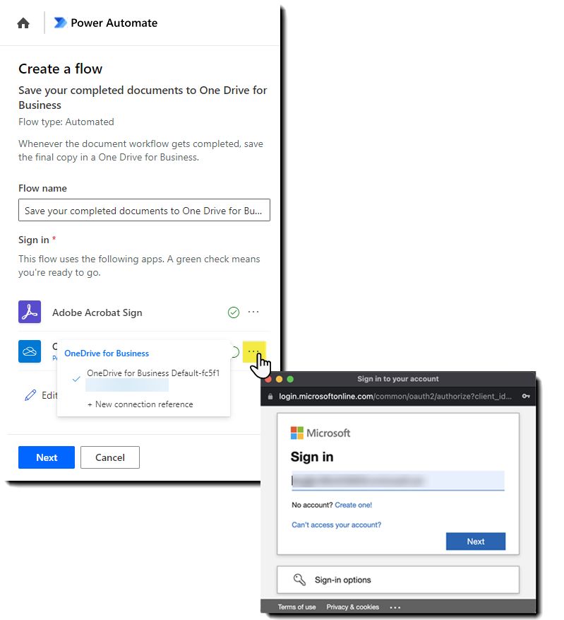 Power Automate между Acrobat Sign и OneDrive с отображающейся панелью аутентификации