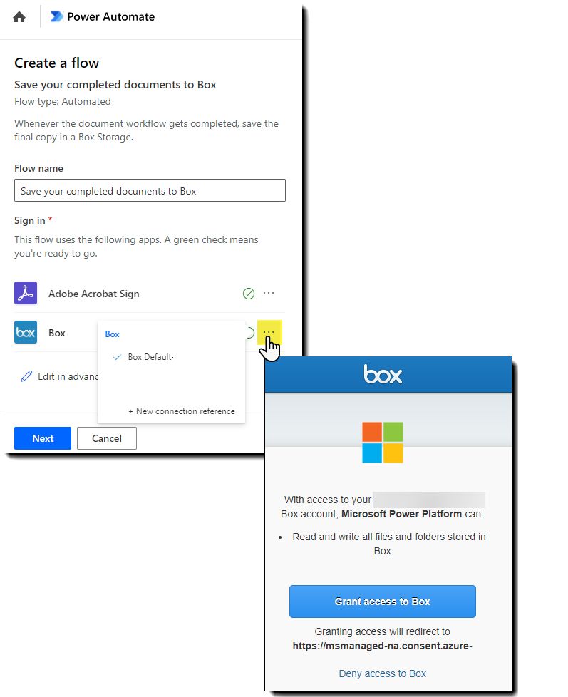 Power Automate mellan Acrobat Sign och Box med autentiseringspanelen exponerad