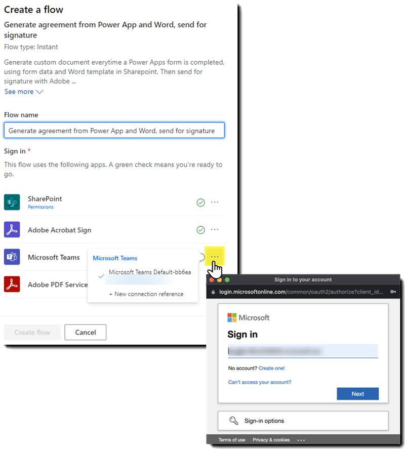 Power Automate между Acrobat Sign и SharePoint с отображающейся панелью аутентификации