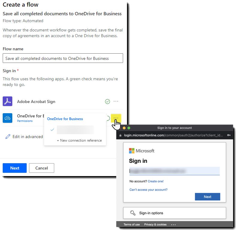 인증 패널이 노출된 상태에서 Acrobat Sign과 OneDrive 사이의 Power Automate