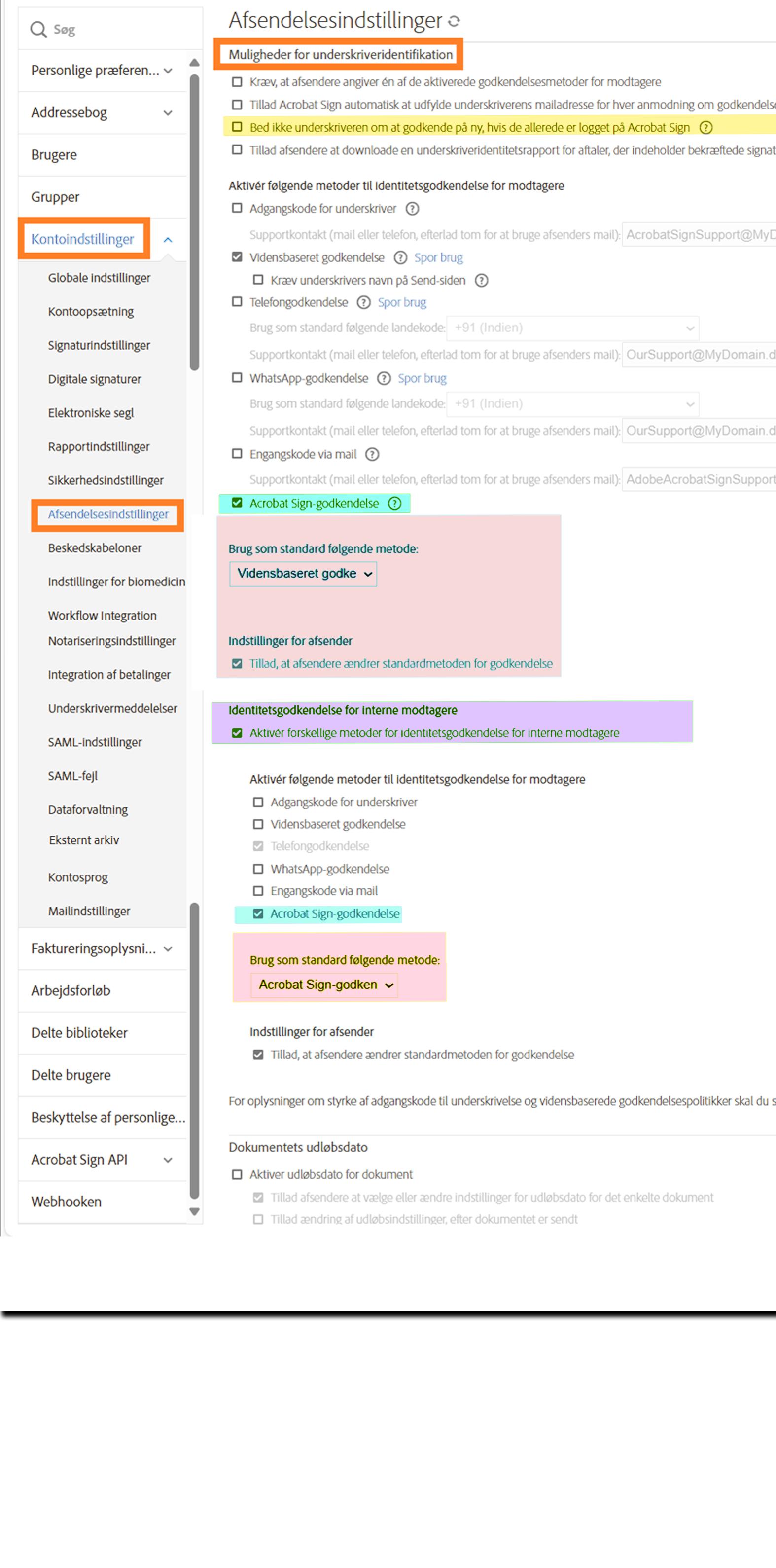 Afsnittet Afsendelsesindstillinger i administratormenuen med kontrolelementerne for &quot;Indstillinger for identifikation af underskriver&quot; fremhævet.