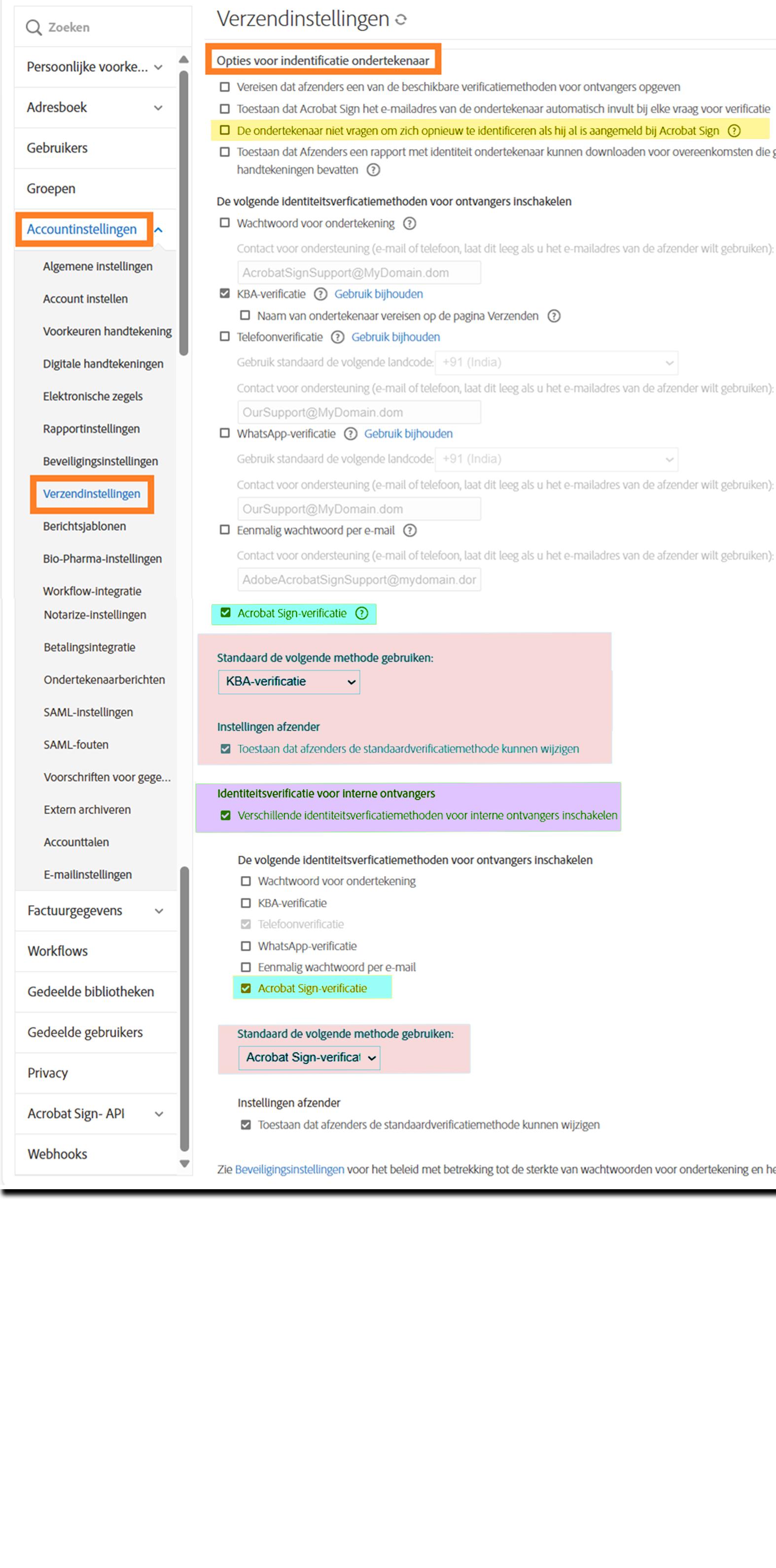 De sectie Verzendinstellingen van het beheerdersmenu met de besturingselementen voor identificatie van ondertekenaars.